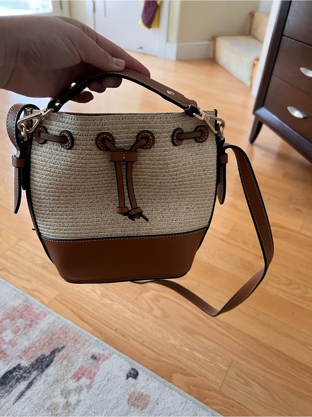 & Other Stories Structured Straw Bucket Bag with Brown Leather Trim